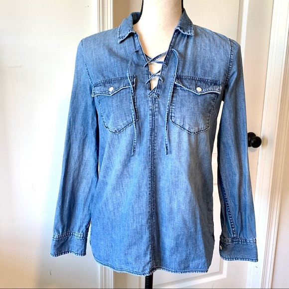 MADEWELL Chambray Lace Up Pull On Top—SZ. XS - Picture 2 of 14